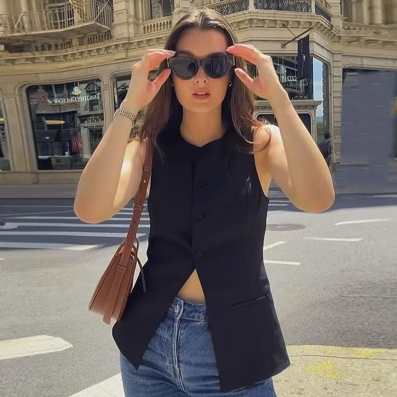 ผู้หญิงสีดําเสื้อเก๋O-คอเสื้อกั๊กเสื้อแขนยาวผู้หญิงSingle-Breastedชุดเสื้อกั๊กสวมใส่ผู้หญิงWaistcoat 2025