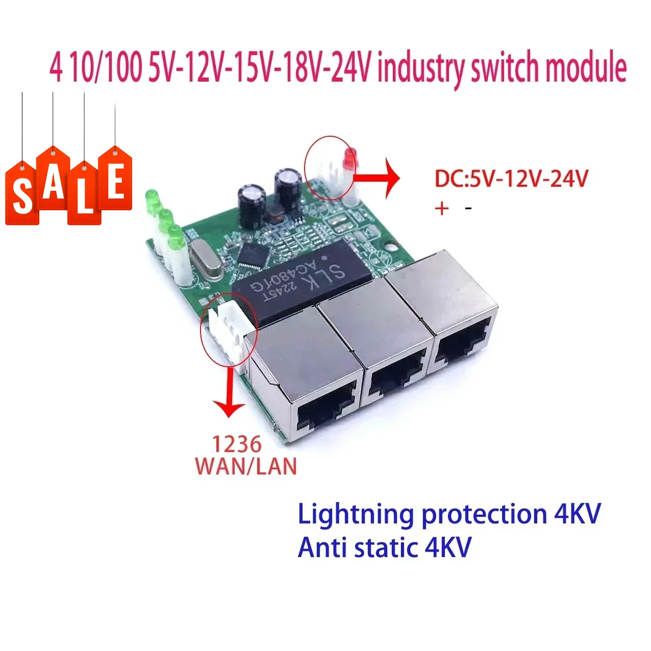 Mini PCBA 4Ports Industrial switch  module 10/100Mbps  5V 12V 15V 18V 24V Lightning protection 4KV Anti static 4KV