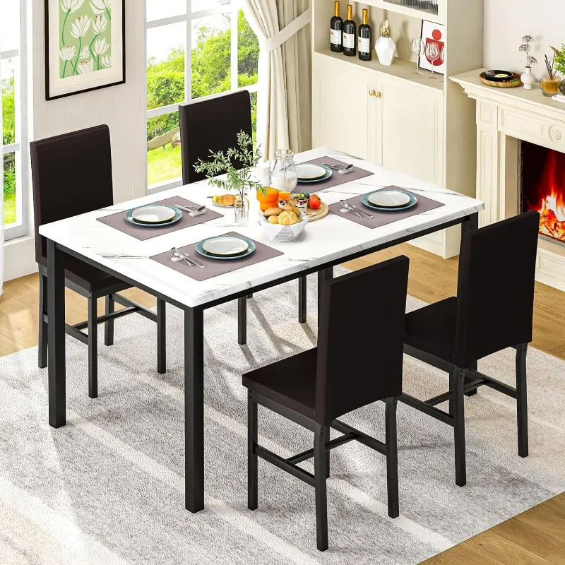 Dining Table Set for 4, Modern Kitchen Table Chairs Set of 4, Faux Marble Dining Room Table Set for 4 Space-Saving 5-Piece