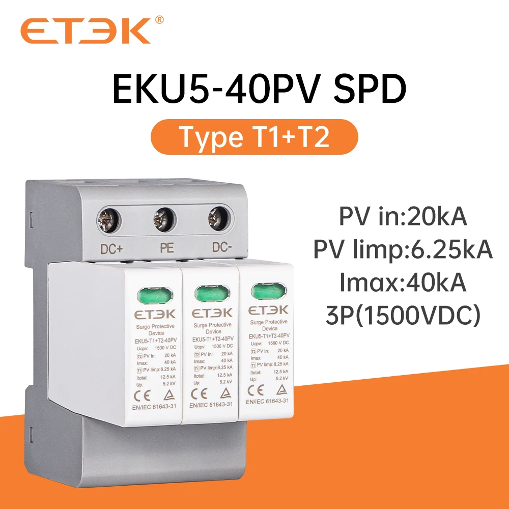 ETEK SPD Type T1+T2 House Lightning Surge Protective Device Protector Arrester Protection 2P 4P 1P+NPE 3P+NPE EKU5