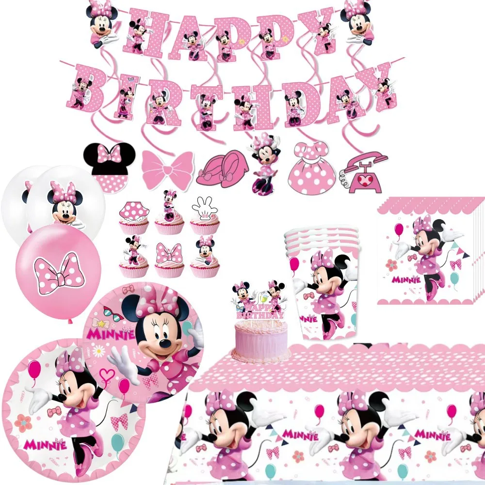 ميني حفلة عيد ميلاد الديكور الوردي ميني ورقة مجموعة أدوات المائدة أكواب لوحة مفرش المائدة بالون راية الهدايا حقيبة لوازم الحفلات #4