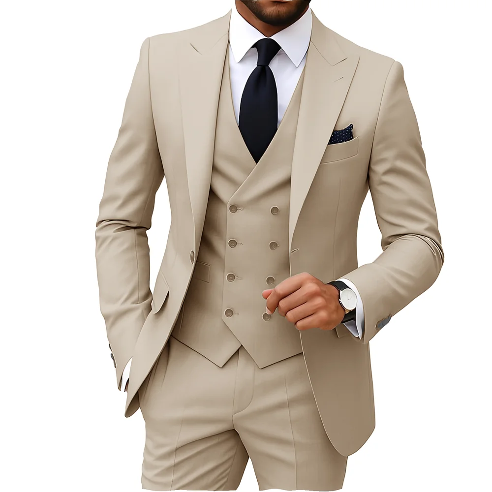 Men's Suits Regular Fit 3 Pieces Double Breasted Formal Business Tuxedos Blazer Vest Pants for Wedding Grooms