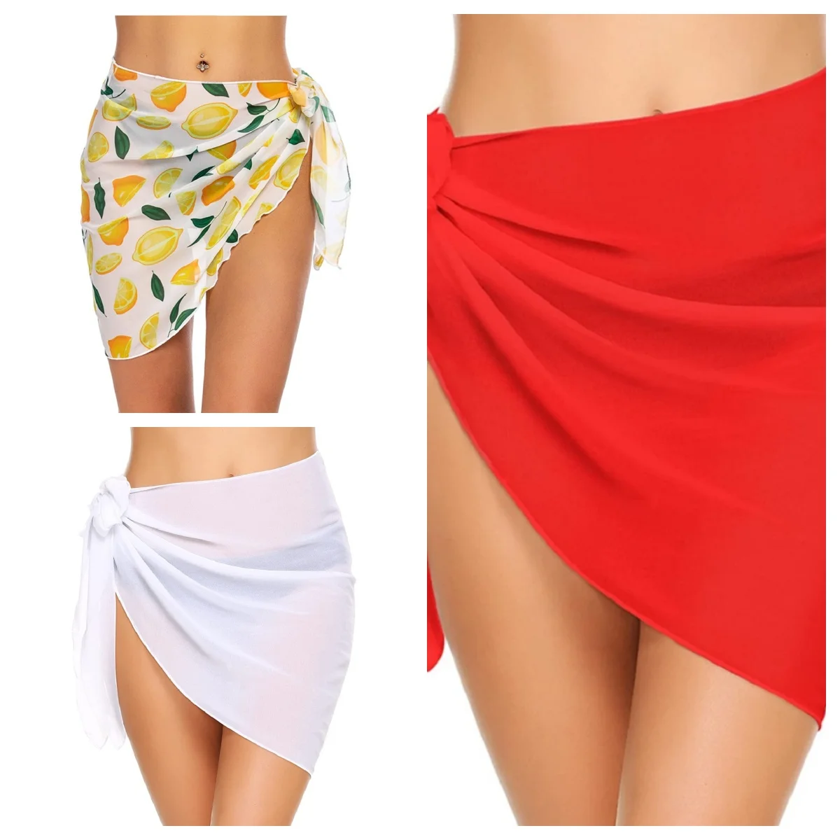 Beach Bikini Wrap Sheer Short Skirt Chiffon Scarf Cover Ups F/ Swimwear Women Short Sarongs Swimsuit Coverups Clear Bikini Shawl