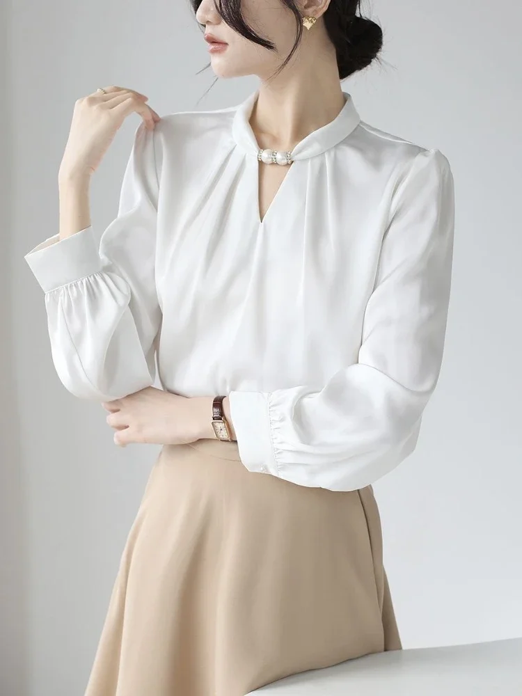 Women\'s Elegant Blouse Satin White Stand Collar Beaded Shirts Pullover Korean Fashion Temperament Office Lady Women Shirts New