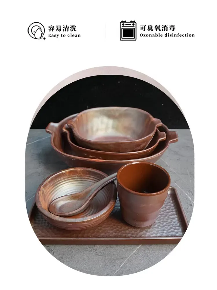 Retro nostalgia Design Coarse Pottery Hot Pot Small Bowl Set Home use Melamine Dinner Plate Dipping Sauce Bowl Small Soup Bowl - view 4