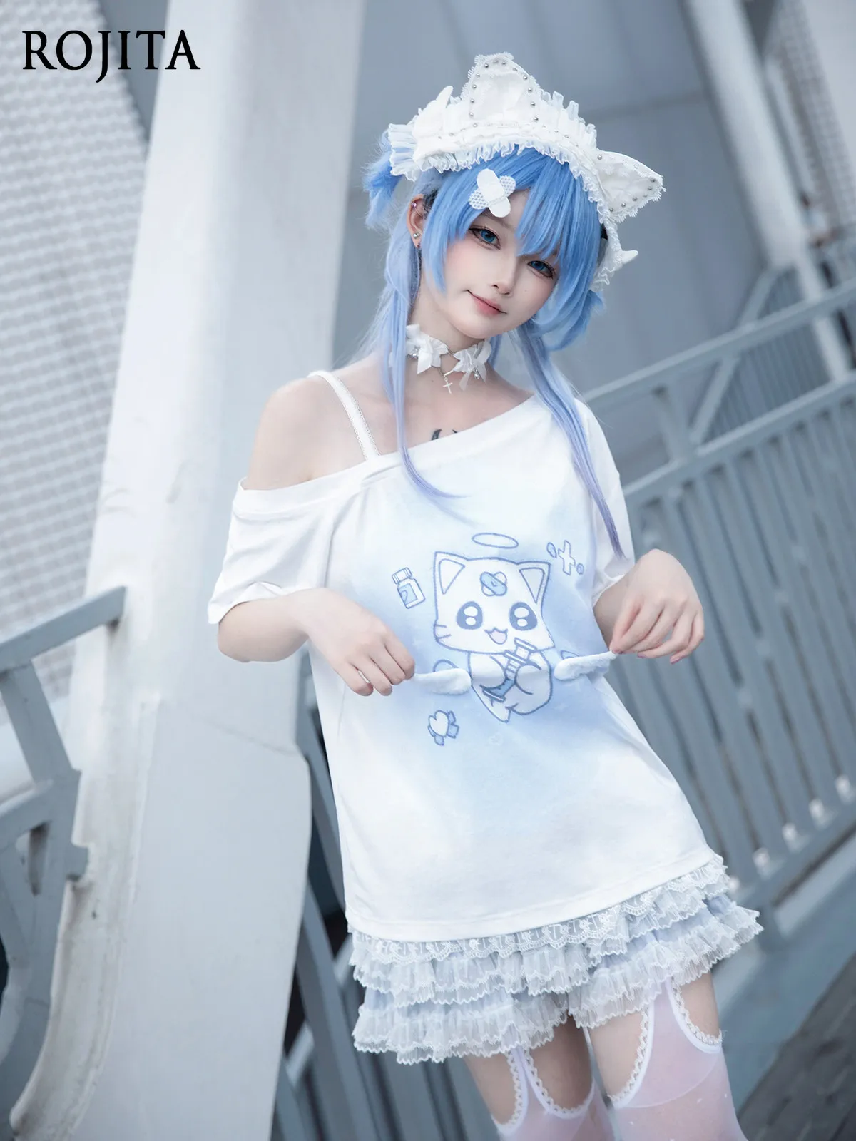 

Kawaii Off-Shoulder T-Shirt Cute Angel Cat Print Short Sleeve Top with 3D Wings Light Blue Medical Lace-trimmed T-shirt Top