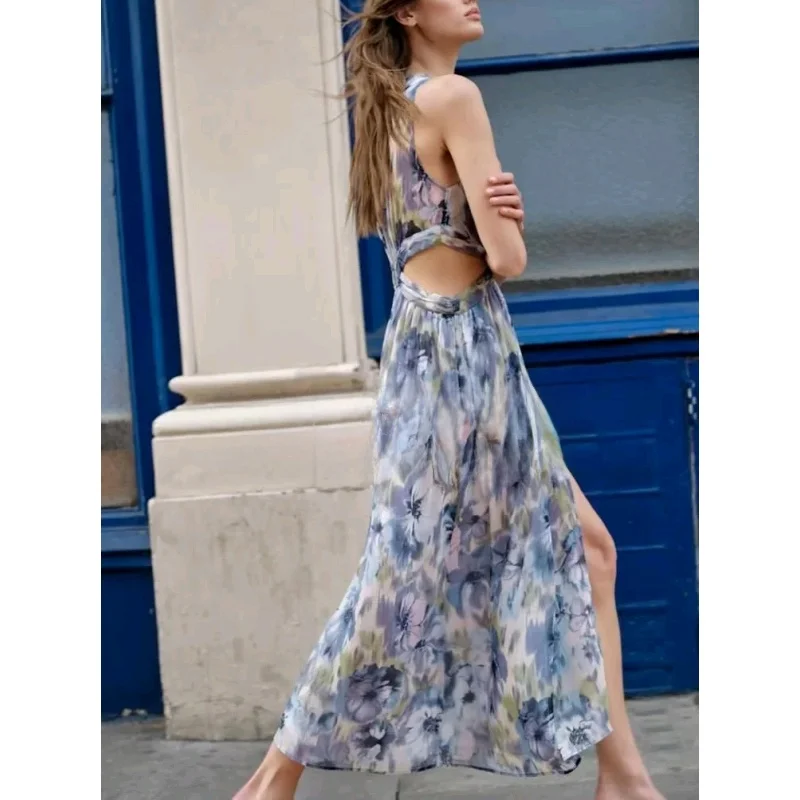 Wiosna Nowość Słodki Pikantny Sle Svel Dekolt w Serek Odkryte Plecy Metaliczny Kolor Linia Nadruk Dr Sexy Odkryty Brzuch 288788