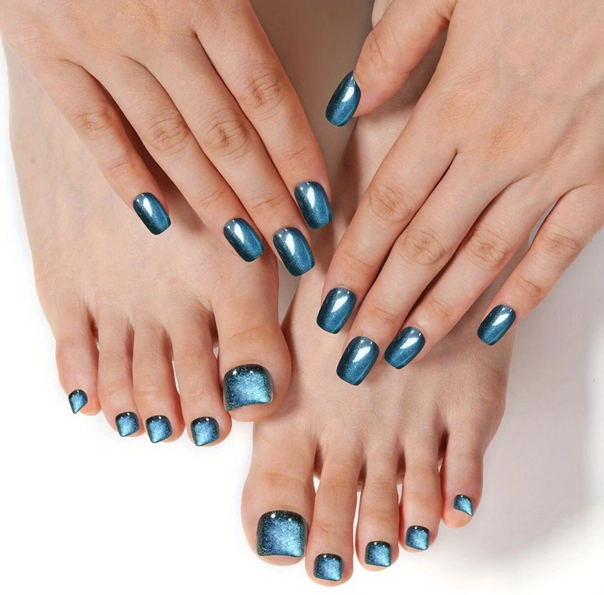 48Pcs Blue Cat's Eye Press On Nails/Toenails Shimmer Short Square Fake Fingernails+Toenail Summer Wearable Manicure Foot Tips td