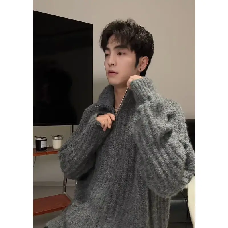 

American Retro Casual V-Ne Knitted Sweater Men Pure Color Open Cardigan Soft Polyester Fiber Winter Long Sve Coat