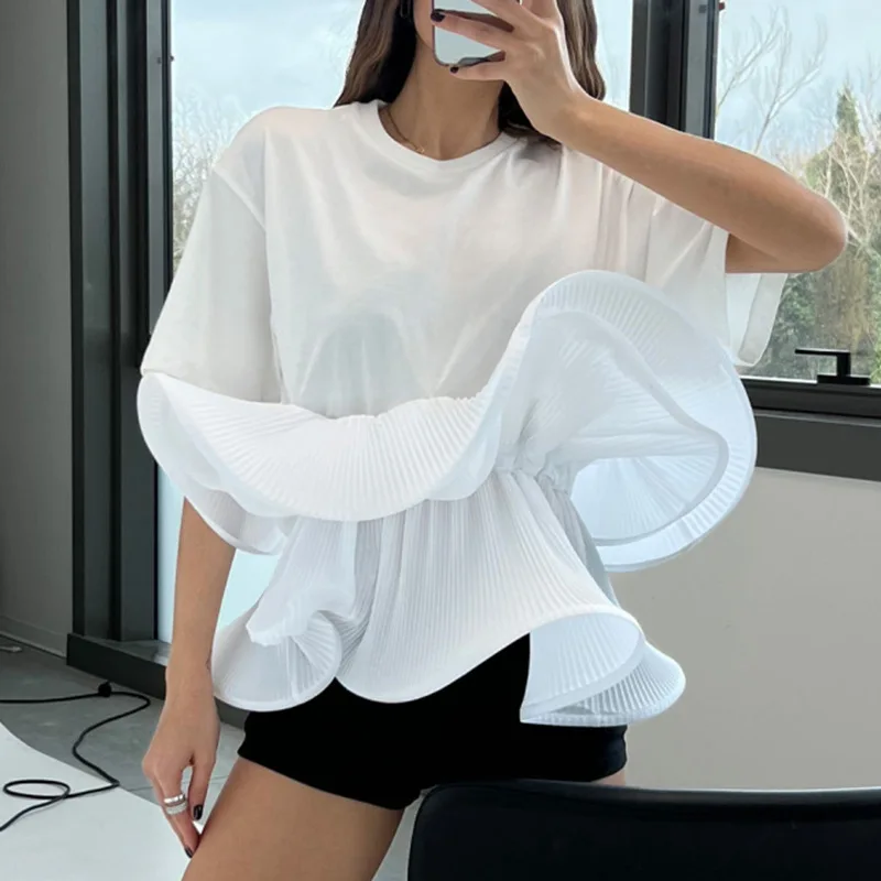 HKSH Sommer Neue Frauen T-shirt Oansatz Kurzarm Patchwork Rüschen Taille Cinching Slim Fit Elegante Chic High Street Top HK12187