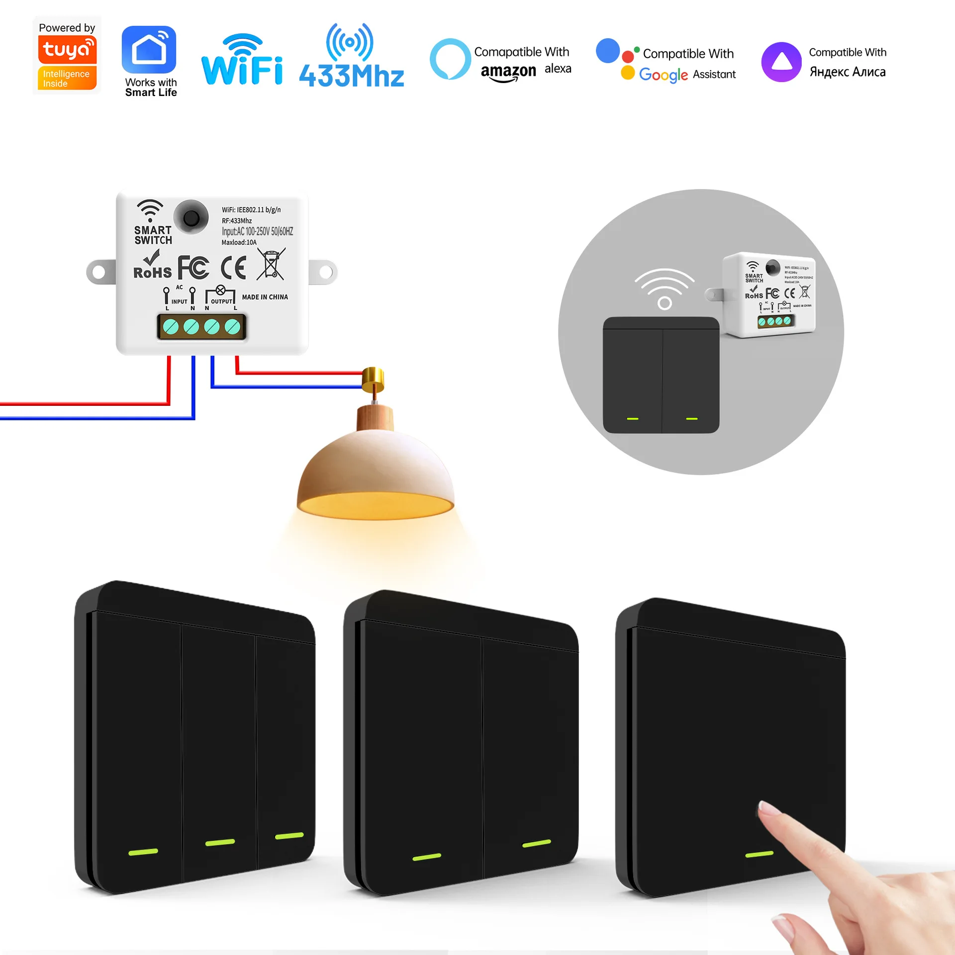 Commutateur de télécommande RF433Hz, télécommande sans câblage, peut être librement attaché aux lampes domestiques 100-240V