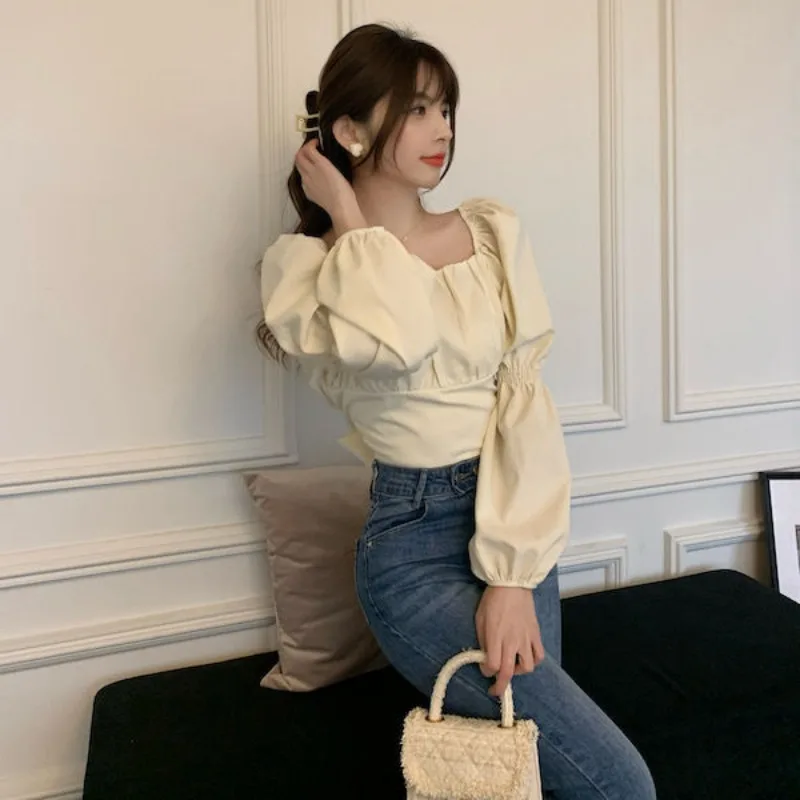 Back-bow Blouses Women Spring Chic Cropped Simple Solid Hot Sale Feminine Korean Style Leisure Streetwear Basic Mujer Blusas Ins