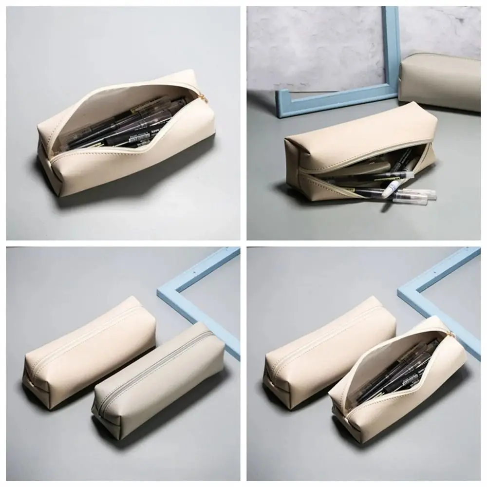 

PU Leather Pencil Bag Large Capacity Storage Box Leather Pen Case Simple With Zipper Stationery Storage Bag Cosmetic Bag