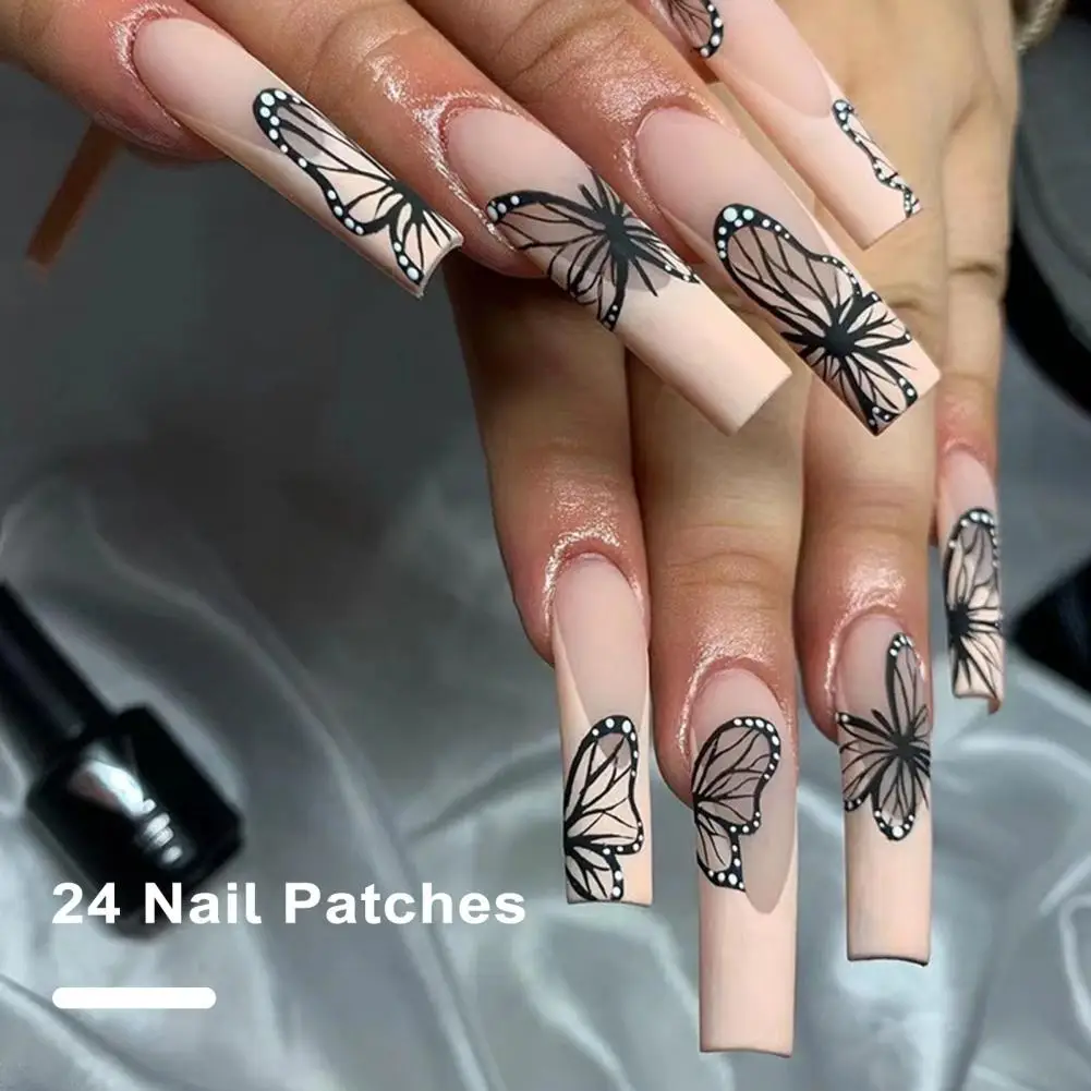 Black Butterflies Fake Nails Fluttering Beauty 24pcs Long Black Butterfly Print Press-on Nails with Glue for Women for Salon