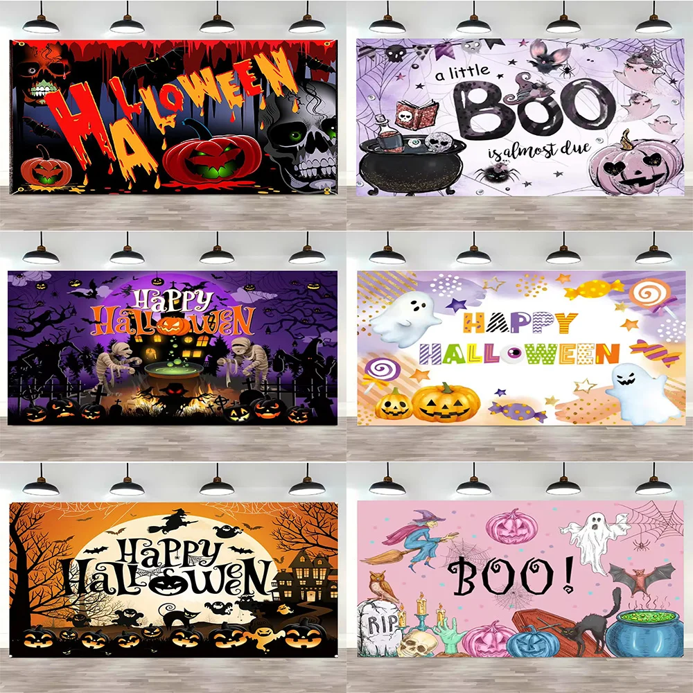 

2025 Halloween Theme Backdrop Party Supplies Decor Horror Ghost Pumpkin Halloween Celebration Banner for Photozones Booth House