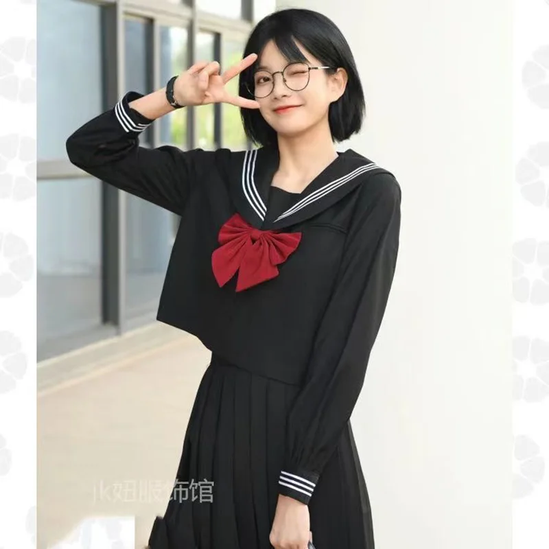 Uniforme escolar japonês meninas plus size jk terno gravata vermelha preto três básicos uniforme de marinheiro feminino terno de manga longa