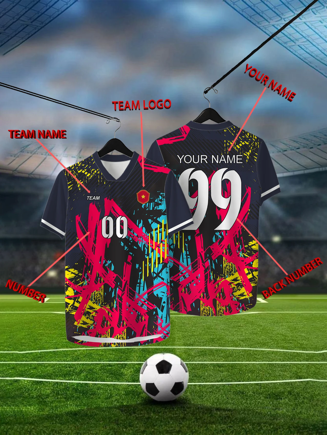 

Customized Geometric Multi-color Short Sleeved Shirt with Team Name, Emblem, Name and Number, Outdoor Sports Short Sleeved Shirt