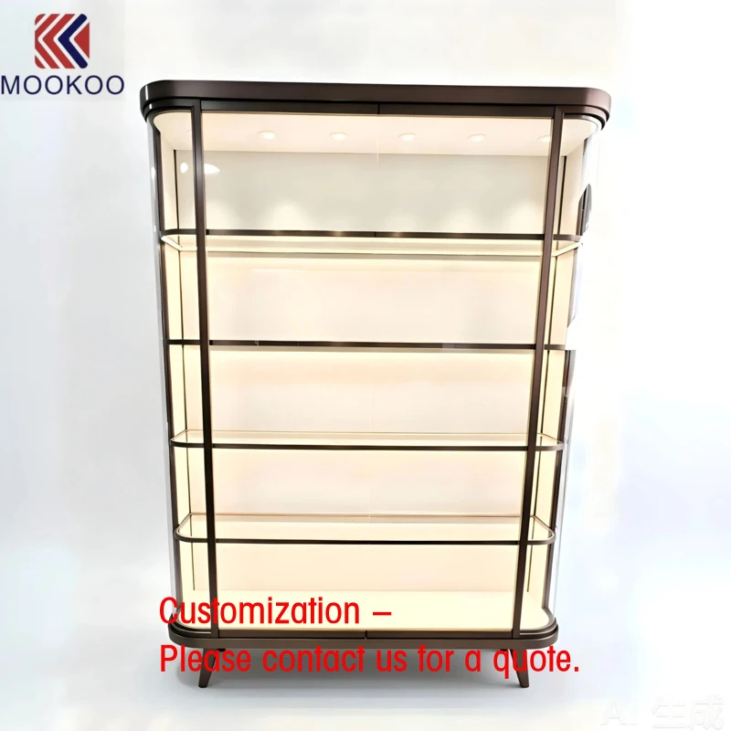 custom.Hot-sale Factory Curved Bronze Metal Tall Glass Display Cabinet with LED Lighting  Freestanding Showcase Luxury Retai
