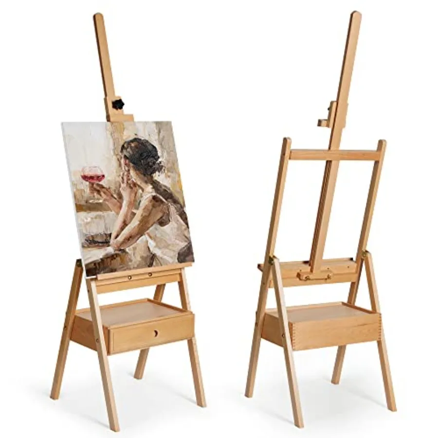 

Large Wooden H-Frame Studio Easel with Artist Storage Drawer and Shelf, Sturdy Beechwood Canvas Holder Stand, Adjustable to 75"