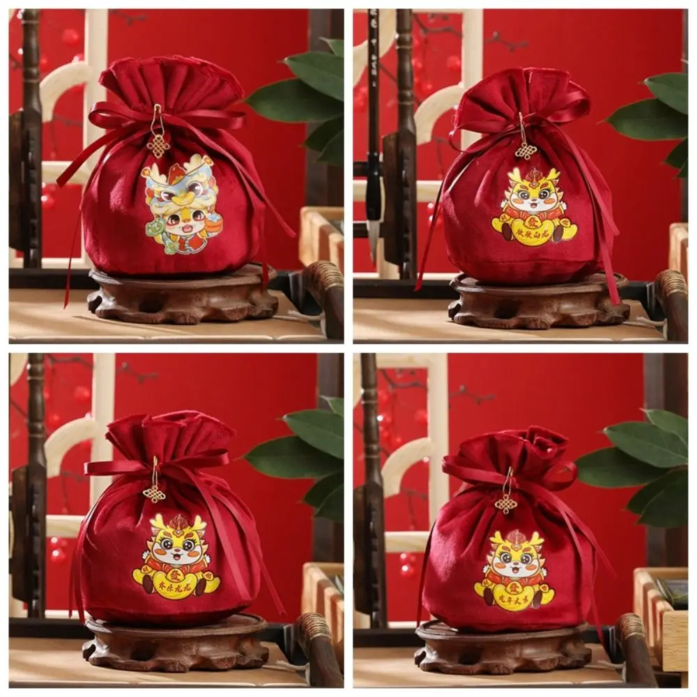 Ribbon Bow Dragon Bowknot Drawstring Bag Cartoon Animal Letter 2024 New Year Handbag Coin Purse Wallet Large Capacity