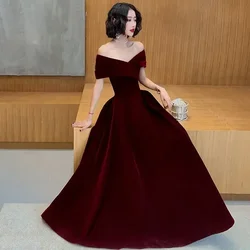 Retro Plus Size Velvet Party Dresses Slash Neck Burgundy Black Elegant A-Line Long Gowns 2024 Short Sleeve Christmas Dresses Red