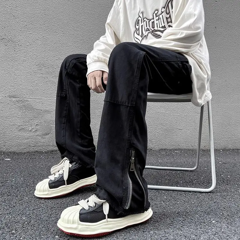 

Jeans Men's Autumn Winter New High Street Zipper Loose Straight Casual Pants Pockets Black Denim Trousers Cowboy Long Pants