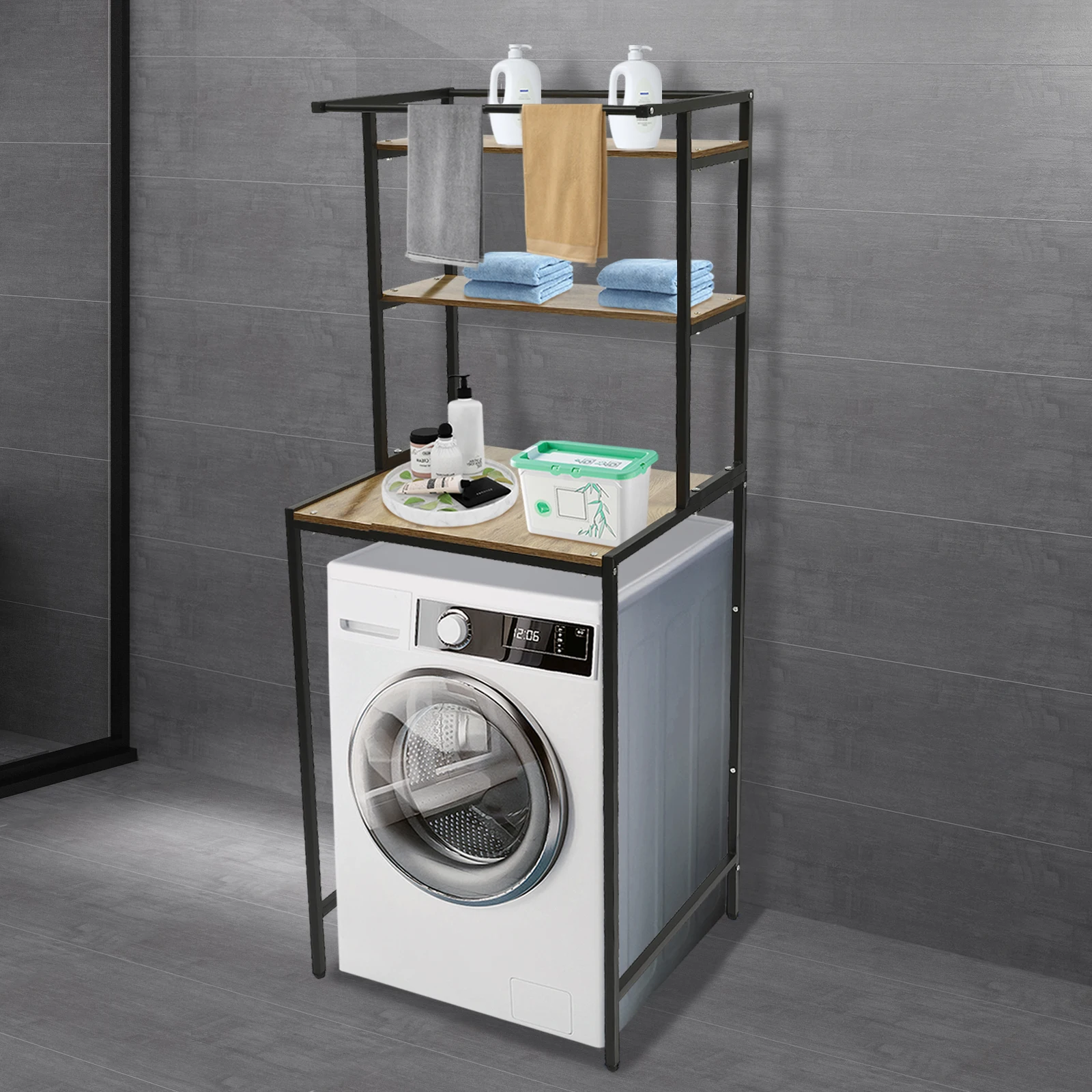 

Black And Oak,3Tiers Washer and Dryer Storage Shelf, Bathroom Space Saving Organizer Rack