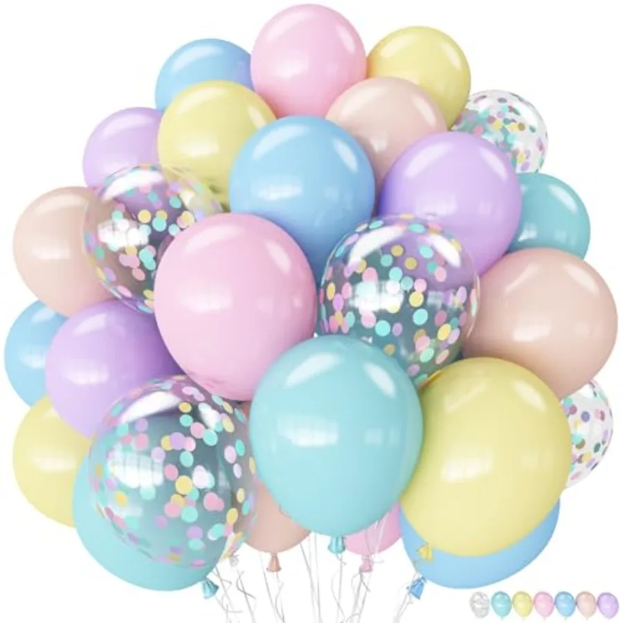 

Pastel Balloons, 12 Inch Rainbow Macaron Teal Apricot Assorted Balloon whit Colorful Confetti Clear Balloon for Easter Birthday
