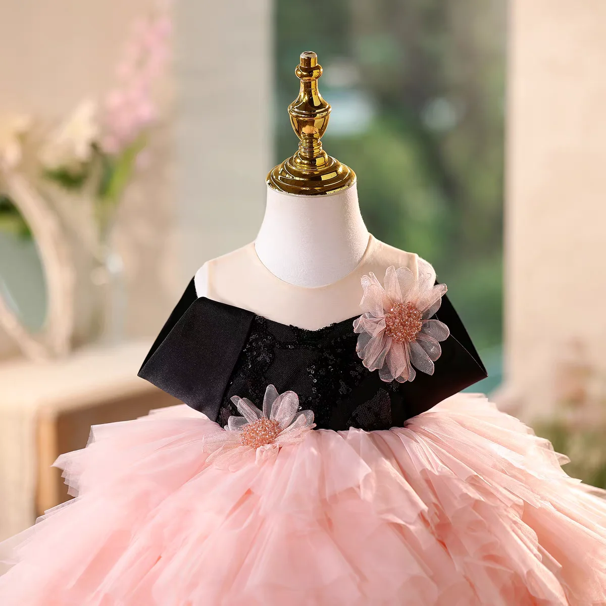 Dromerige gelofte D112 charmante roze applique meisjesjurk zwarte mouwloze top kinderen prinses verjaardag bruiloft festivaljurk