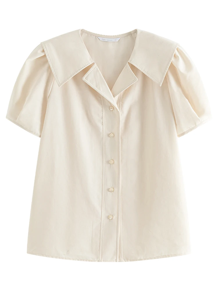 FSLE Summer Light Blue Short Sleeve Blouses Sailor Collar Female Cotton Short Shirts Korean Style Beige Straight Shirt 24FS12956