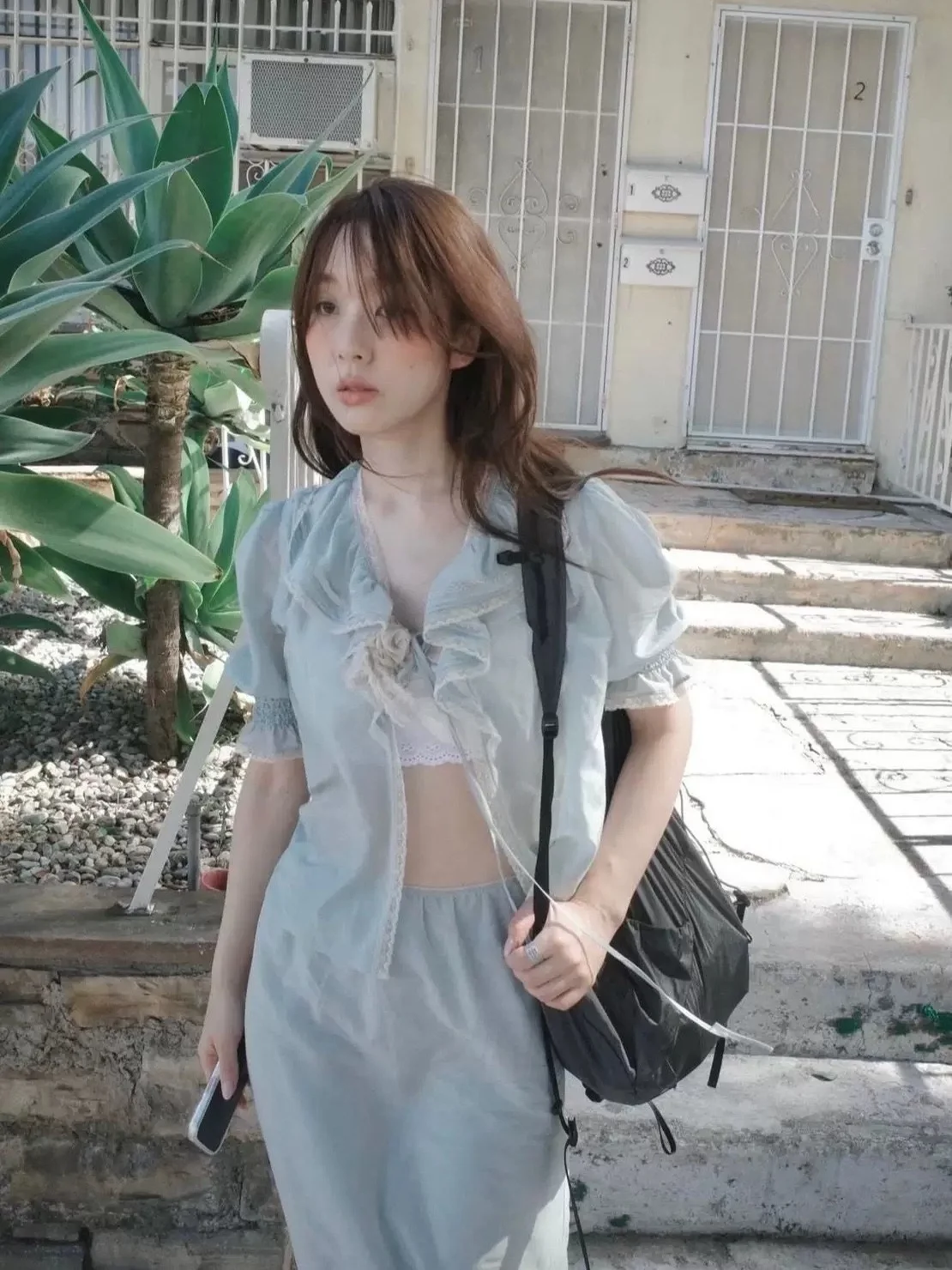 

Korean Style V-Neck Shirt And Half Skirt Lace Set with Lotus Leaf Edges Moisture Wicking Breathable Short Sleeve Women's Outfit