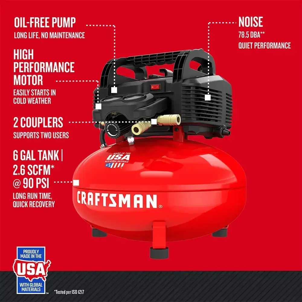 Craftsman Air Compressor with 13 Piece Accessory Kit, Pancake, Oil-Free, 6 Gallon, CMEC6150K