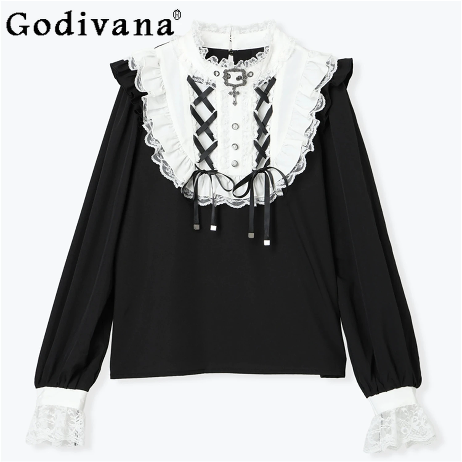 

2025 Japanese Style New Mine Mass-Produced Lace Stand Collar Sweet Shirt Girl's Women Sweet Bow Slim Fit Casual Shirt Blouses