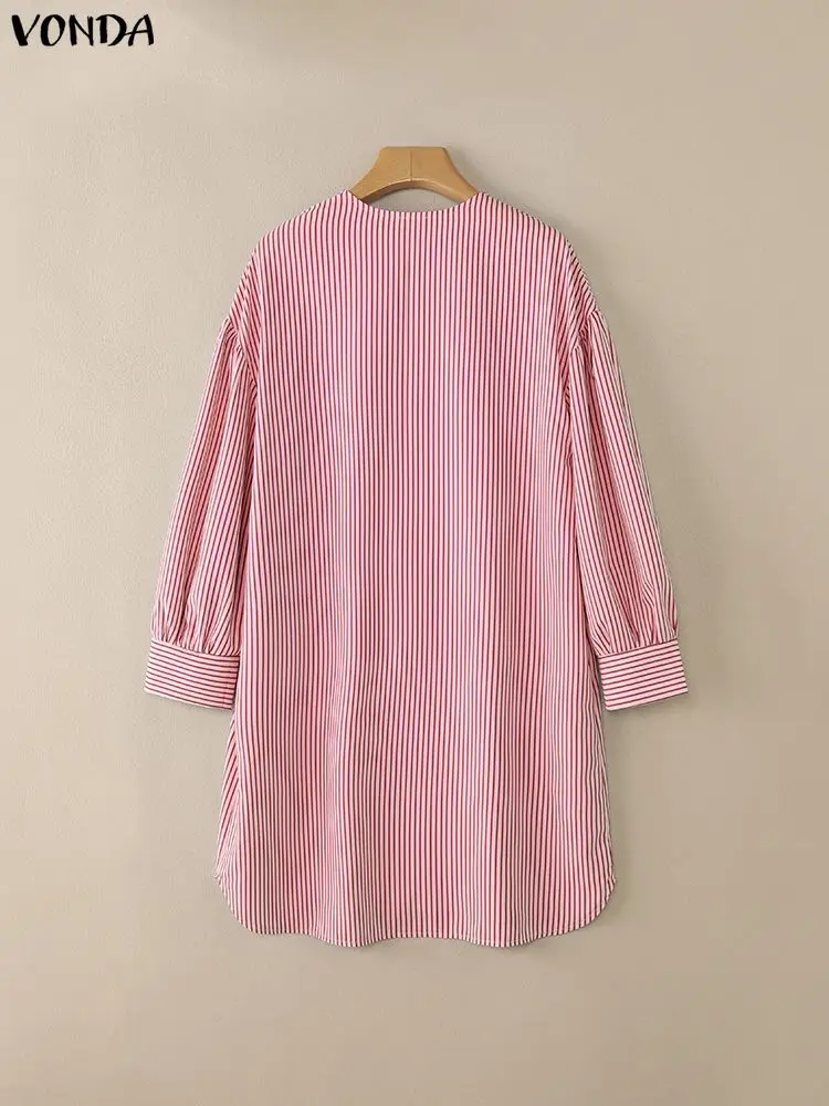 VONDA mode robes rayées femmes chemise longue 2025 printemps été Mini robe d'été col en v manches bouffantes décontracté coréen robes courtes