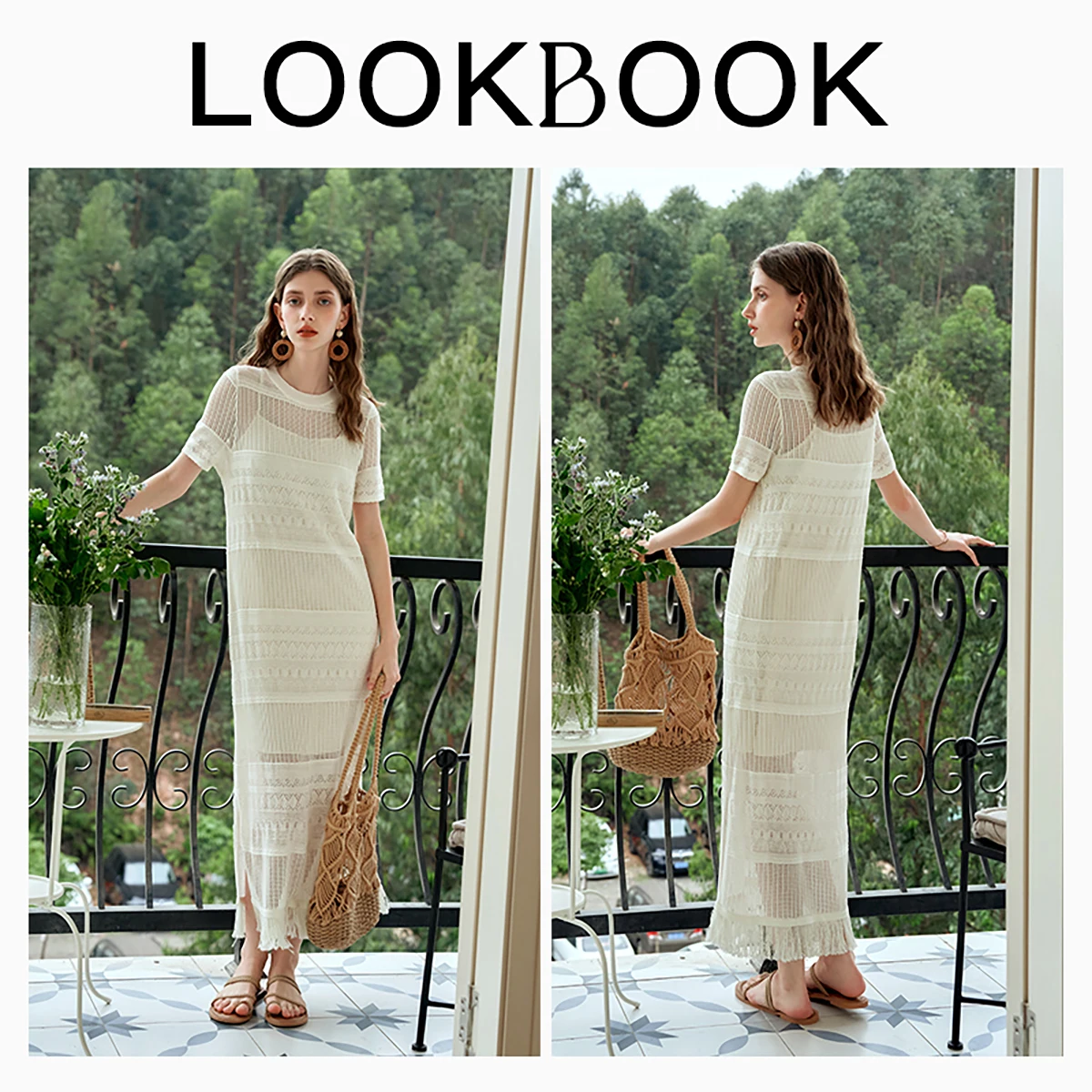 ชุดเดรสฤดูร้อนผู้หญิง OLrain ปี 2025 สไตล์ฝรั่งเศส ชุดเดรสถักสีขาว ชุดเดรสยาวสองชิ้นแบบสายเดี่ยวเว้าลายสำหรับวันหยุด O24XL86313