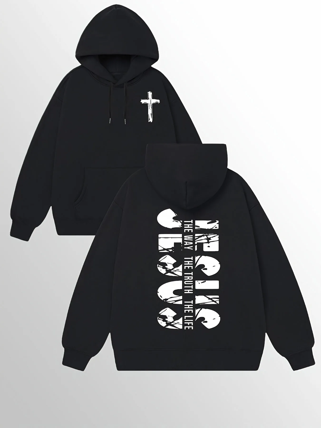 

Men's Christian faith hooded sweatshirt with double-sided crosses and Bible text prints, black with letters