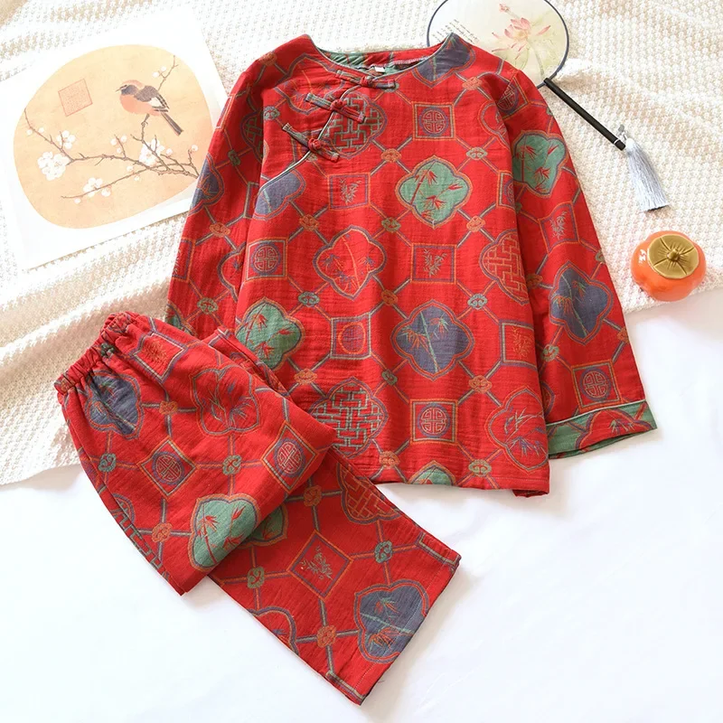 Retro Buckle Crew Neck Pajamas Women's Cotton Gauze Long-sleeved Casual Jacquard Loungewear Thin Yarn-dyed Nightwears for Ladies