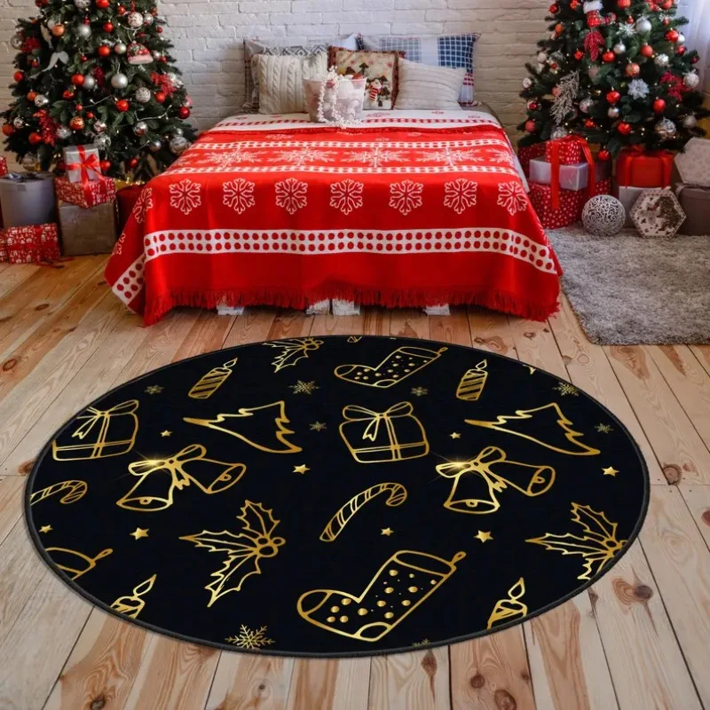 

Круглый ковер, золотой праздничный узор с деревьями и тростиками, черный праздничный напольный ковер для гостиной