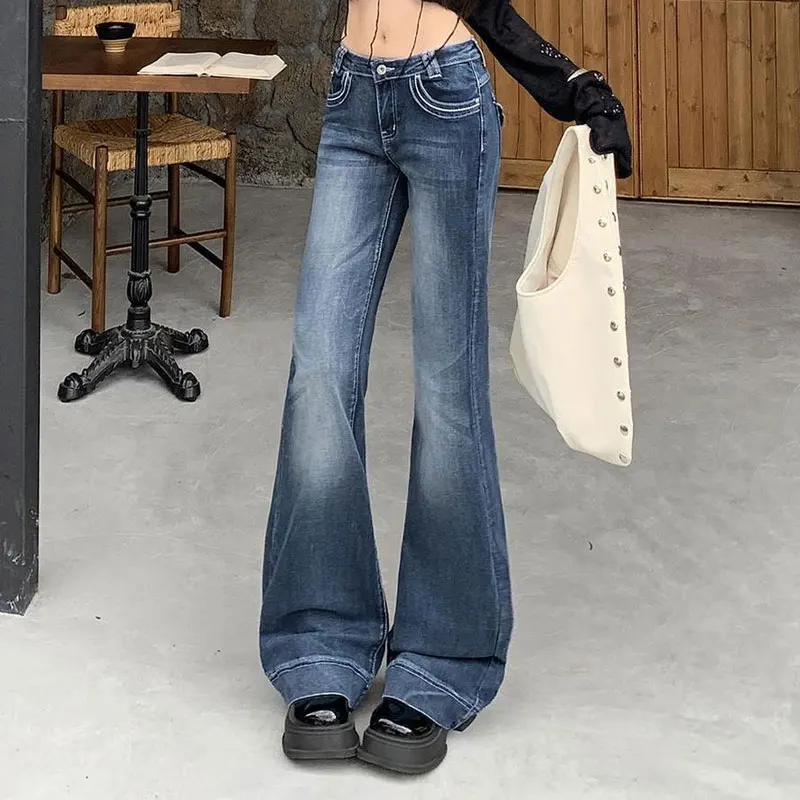 Women High Waist Vintage Washed Flared Jeans Slim Bootcut Denim Pants Autumn Winter Contrast Stitch Stretch Bell Bottom Trousers