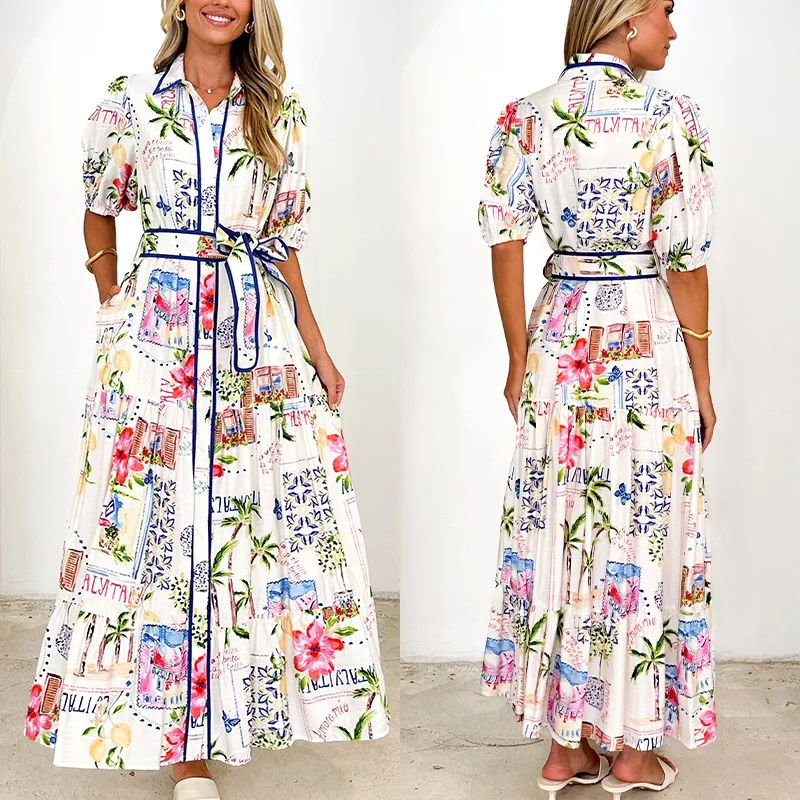 

Women's Cotton Linen Dress Fashion Floral Print Short Sleeve Tie Waist Casual Daily Dress
