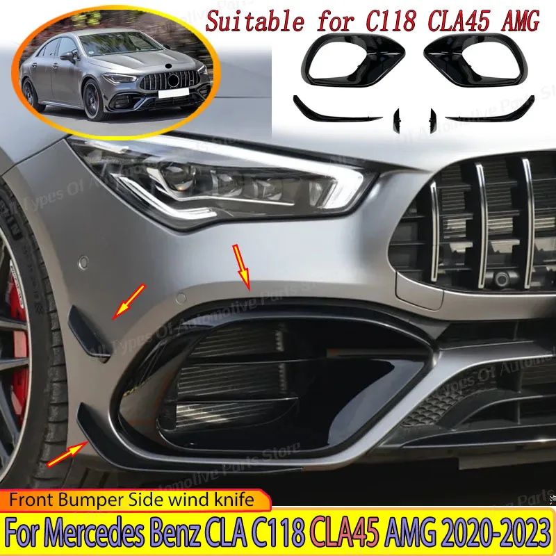 

Передний бампер автомобиля, боковой спойлер, нож ветра для Mercedes Benz CLA C118 CLA45 AMG 2020-2023, сплиттер, противотуманная фара, вентиляционные отверстия, рамка, комплект кузова