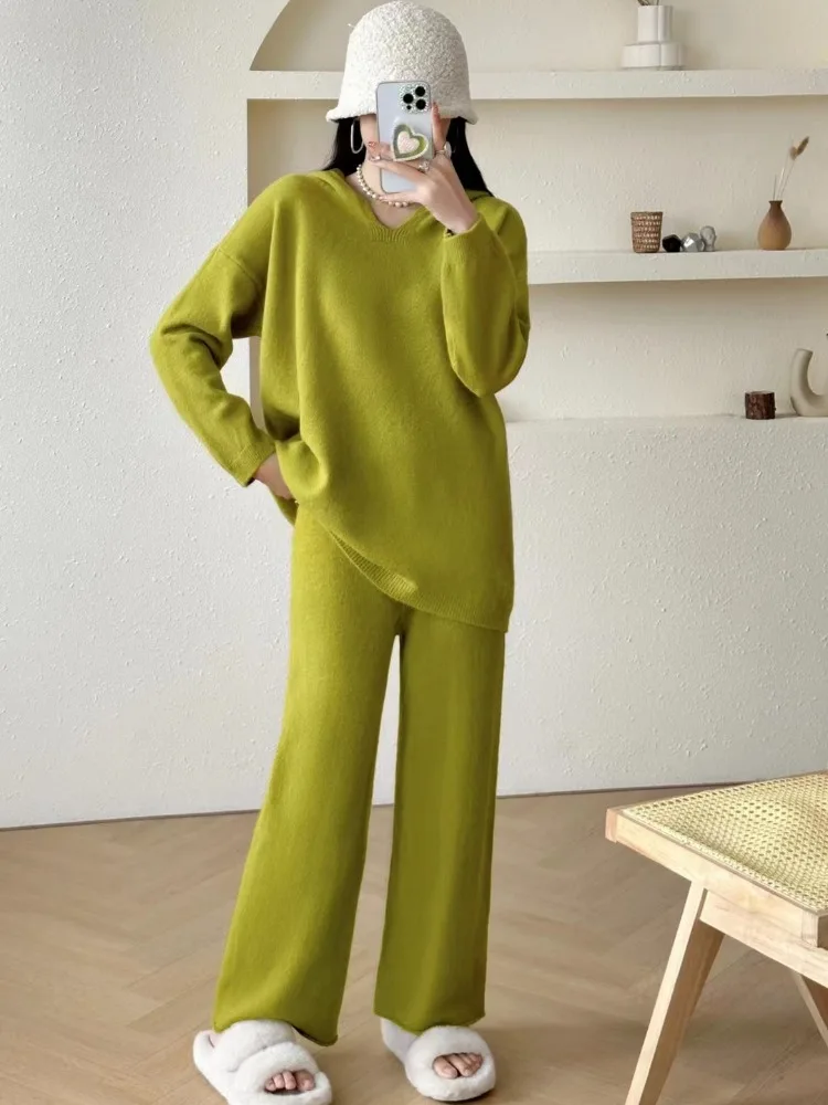 Korean Fashion Leisure Pants Sets Women Knitted Solid Hooded Pullover Sweater Loose Elastic Waist Knitted Pant Autumn Winter