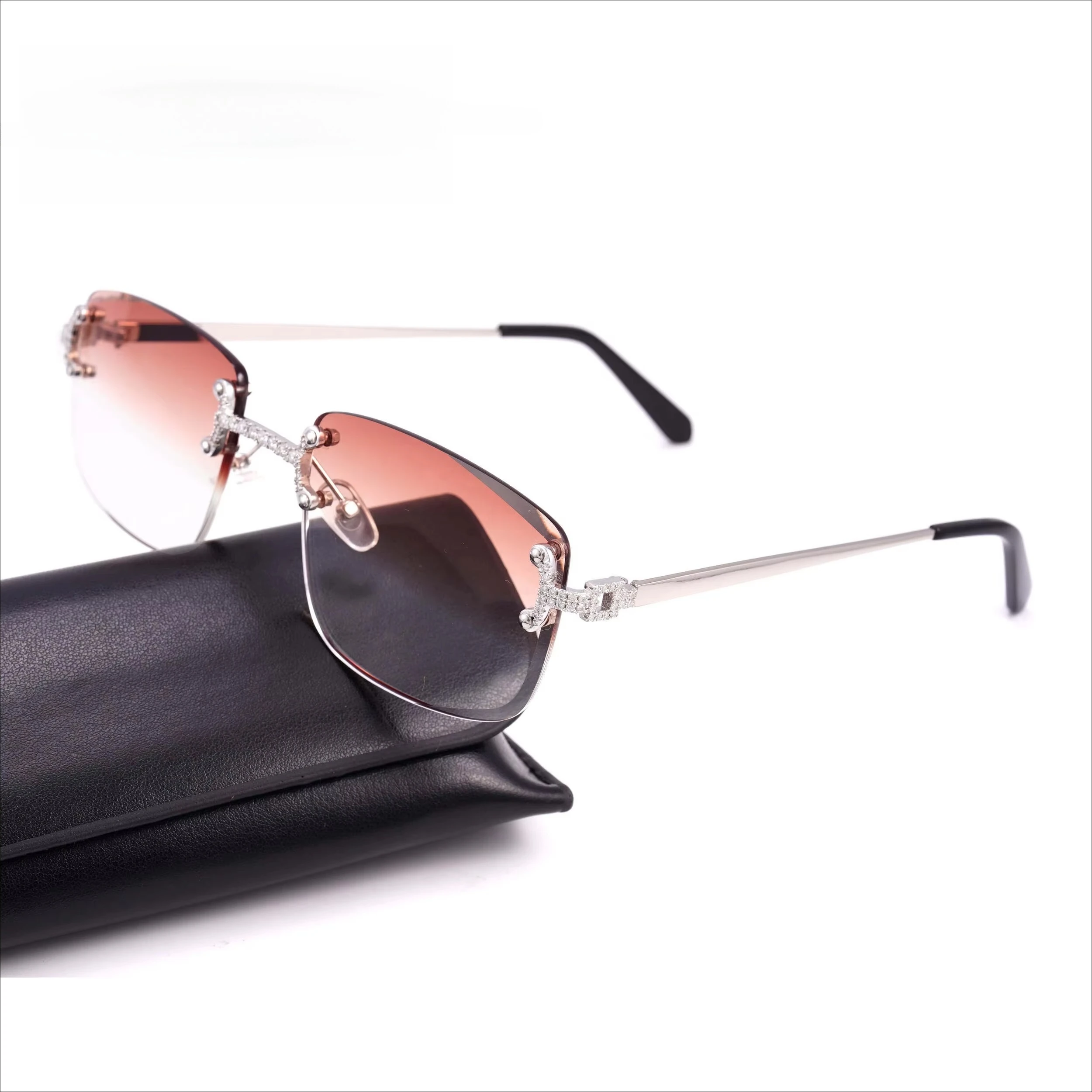 Rimless Gradient Sunglasses Full Rhinestone Metal Temples Women Fashion Cut Lens Shades For Travel Party