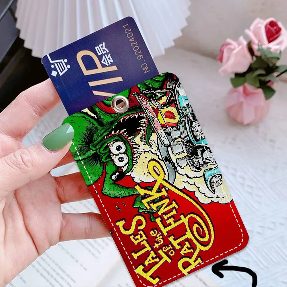 R-RAT F-FINK Rectangle ID Card Case Keychain Access Card Bag Key Tag Ring Leather Card Holder Key Ring Access