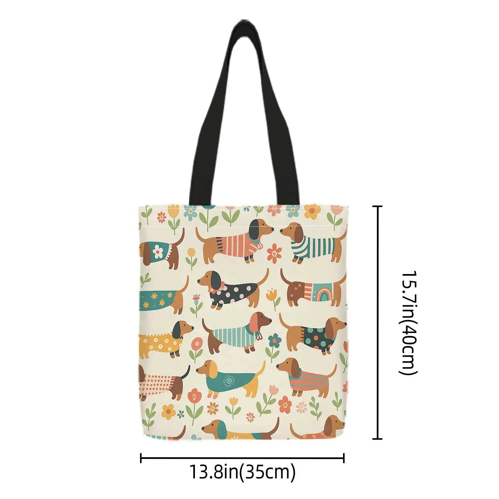 A Shopping Tote Bag with Prints on Both Sides Featuring Dachshunds, Vibrant Patterns, And a Floral Backdrop. This Lightweight, F view 4