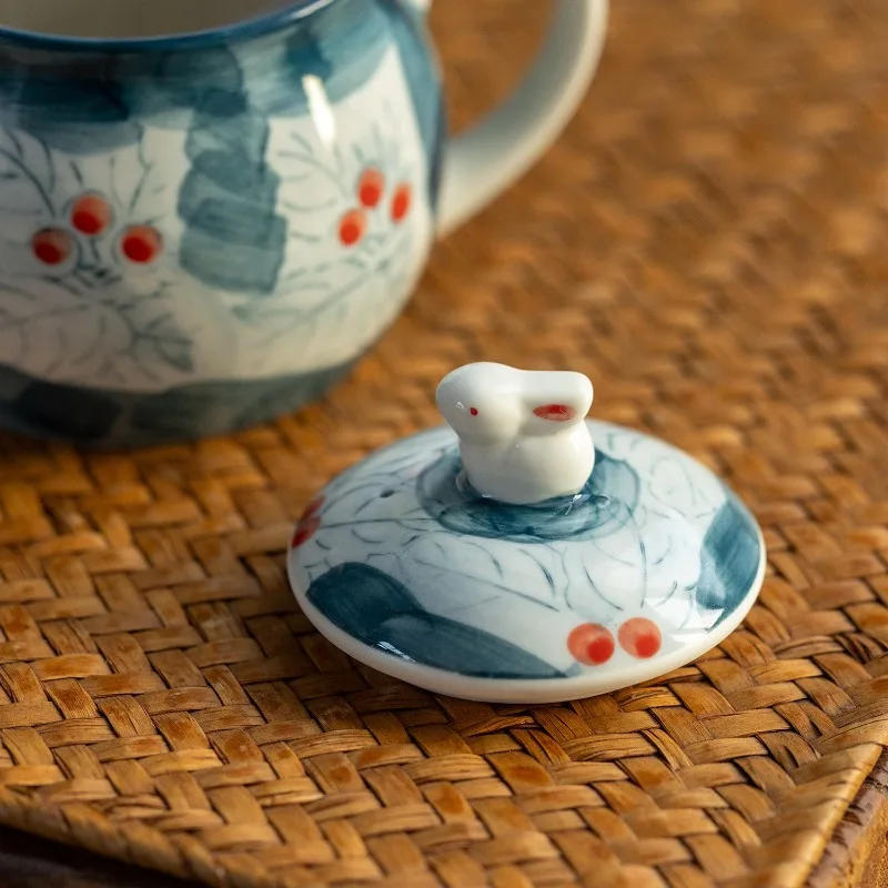 Japanese-Style Arita-yaki Red Fruit & Rabbit Ceramic Teapot with Strainer, Kung Fu Tea Set, Home Brewing Pot