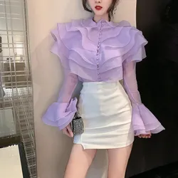 Vintage Temperament Purple Organza Women Blouse Elegant Ruffles Flare Long Sleeve Casual Chiffon Shirt Female Fashion 2022 New