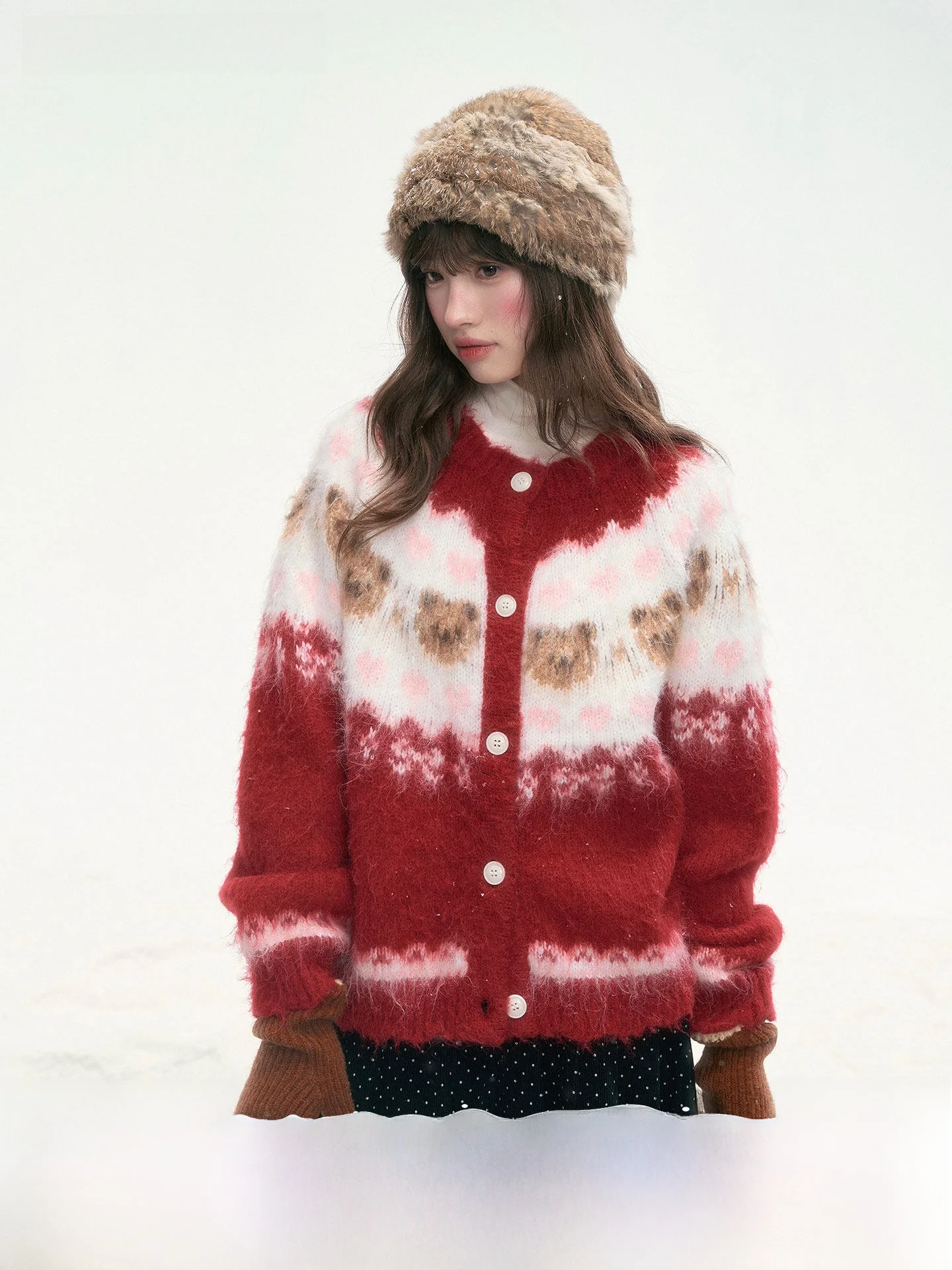 

Мягкий женский вязаный кардиган Cisas Morning Retro с узором в виде медведя и сердечек, длинный рукав, стандартный крой