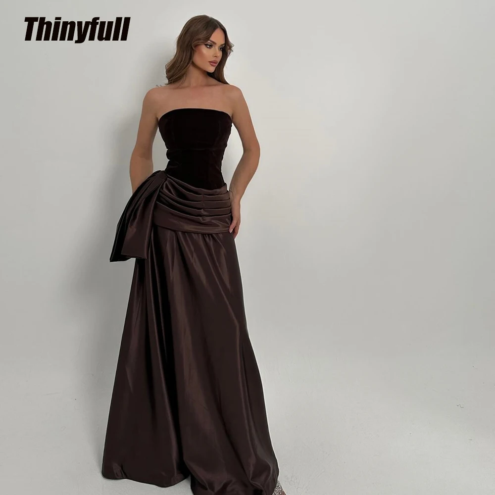 

Thinyfull A-line Arab Velvet/Satin Prom Dresses Strapless Sleeveless Evening Gown Pleat Formal Dress robes de soirée Customized