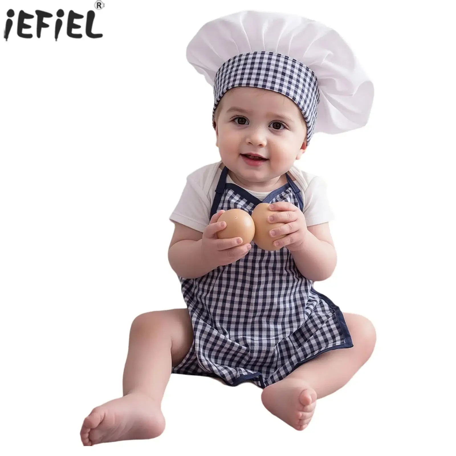 

Новый детский фартук-шаровары в клетку для мальчиков и девочек в стиле повара с шапочкой, аксессуары для фотосессий новорожденных